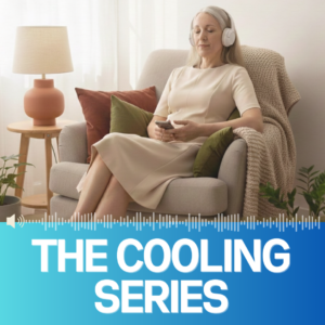 Woman with headphones on sitting in armchair
