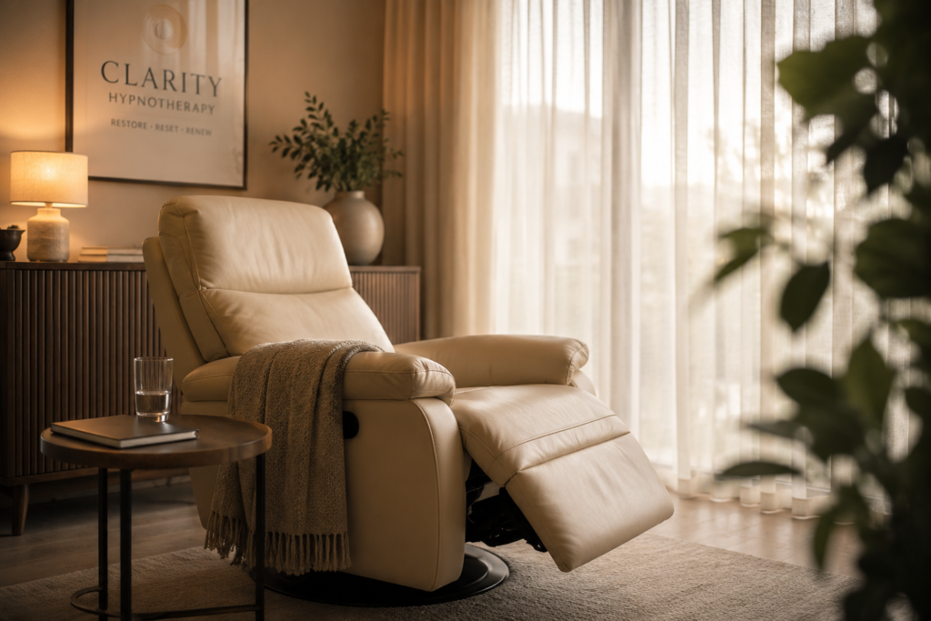 Peaceful hypnotherapy room with a recliner chair, soft lighting, plants, and a calming professional atmosphere