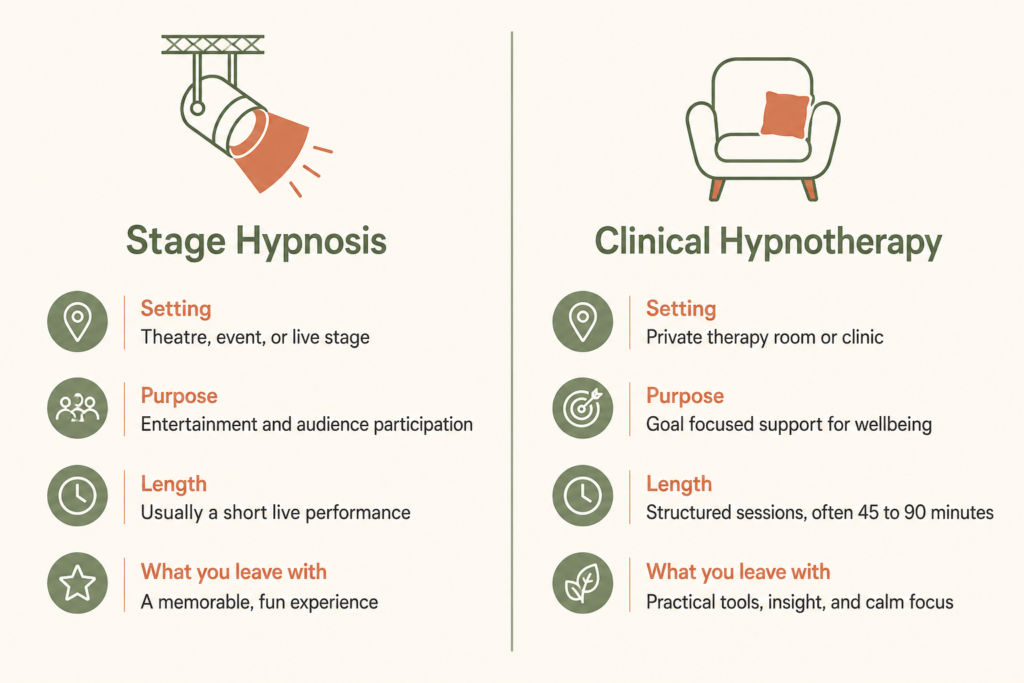 Infographic comparing stage hypnosis with clinical hypnotherapy, including setting, purpose, session length, and outcomes