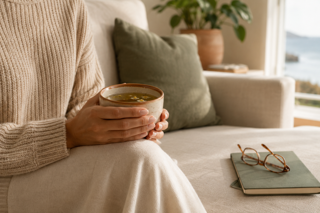 Person sitting on a sofa with a warm drink, book, and glasses in a calm relaxation setting