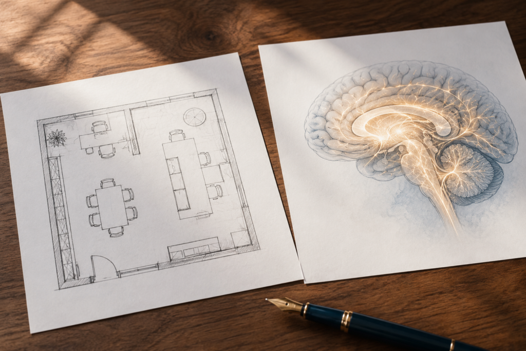 Desk with therapy room floor plan and brain illustration showing the connection between environment and hypnotherapy