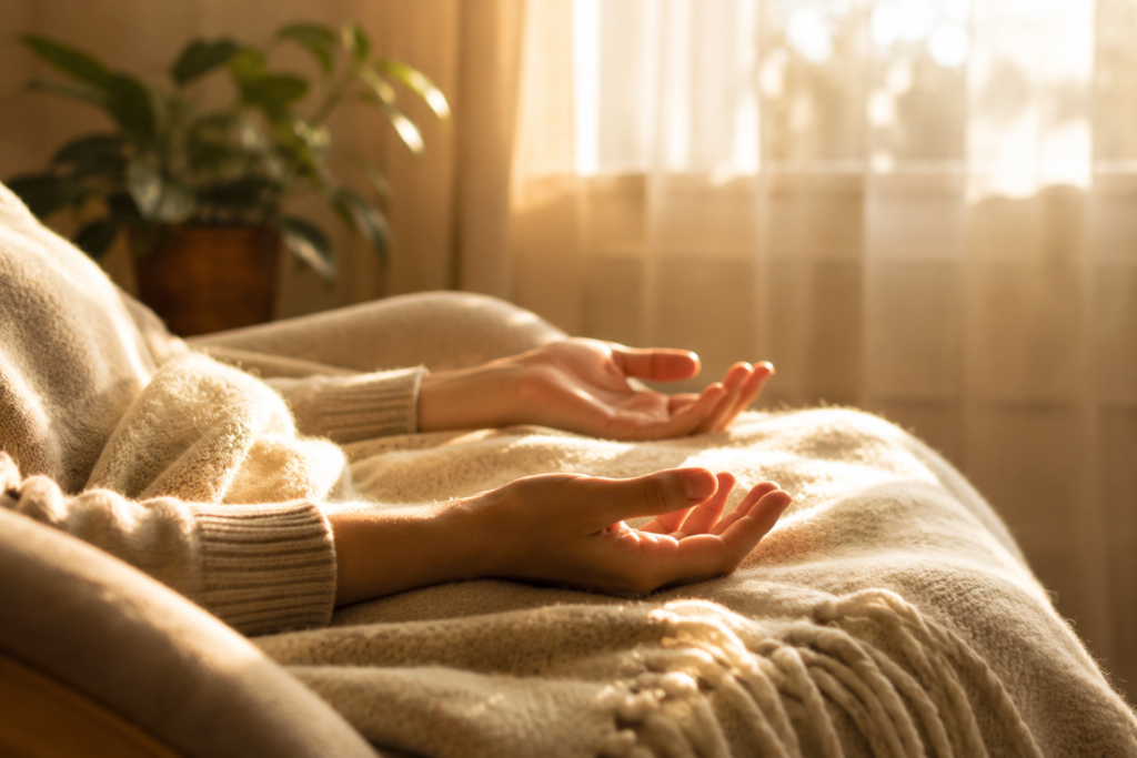 A person rests with open, relaxed hands on a soft blanket in warm natural light during a peaceful hypnotherapy session.
