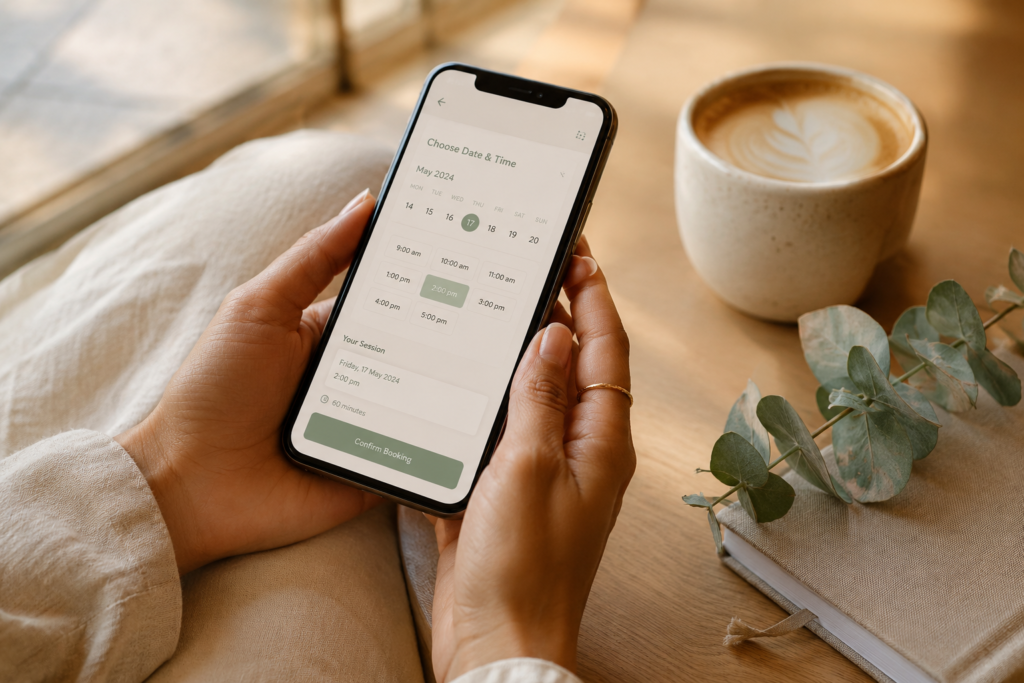 A person uses a smartphone to choose a date and time for a hypnotherapy appointment, with a cup of coffee and notebook nearby.