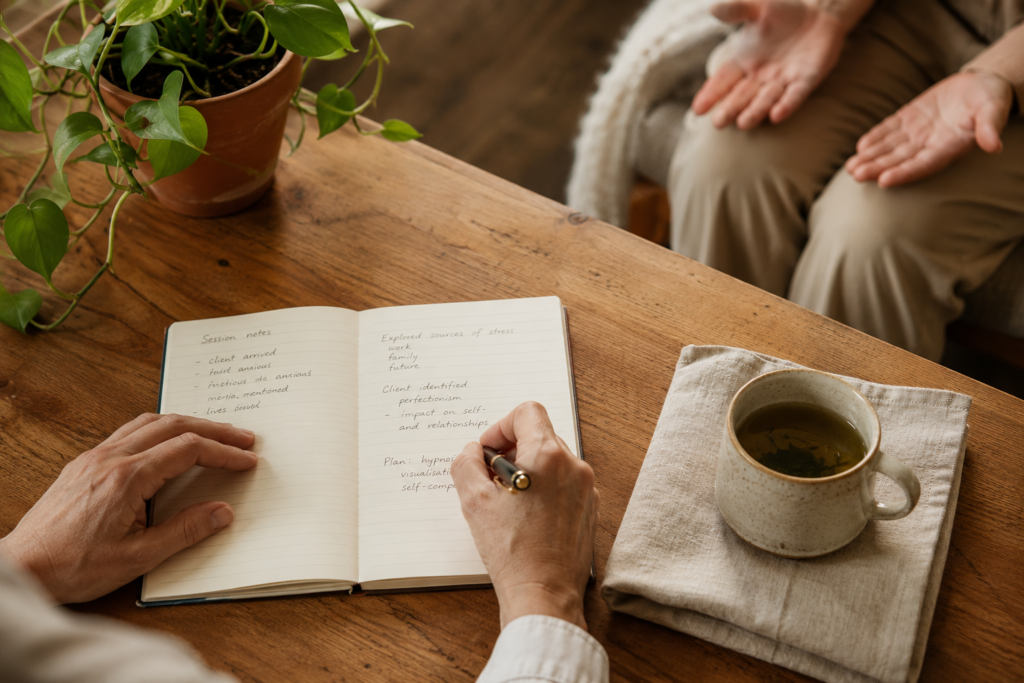 A therapist writes notes in an open notebook during a calm hypnotherapy consultation, with a client seated nearby and a warm cup of tea on the table.