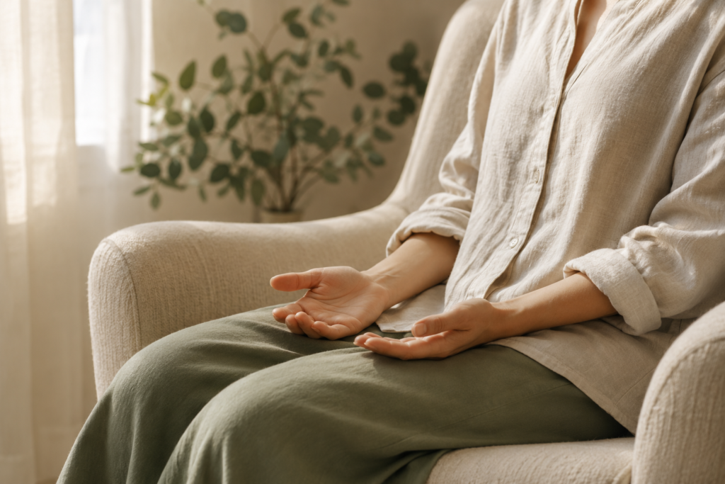 Person sitting calmly in an armchair with open hands during a peaceful mindfulness or hypnotherapy session