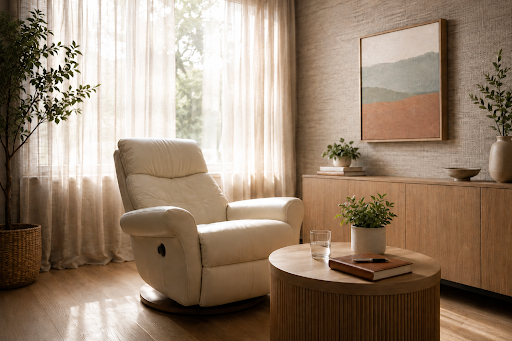 A peaceful hypnotherapy room with a cream recliner, soft window light, indoor plants, and a warm neutral interior.