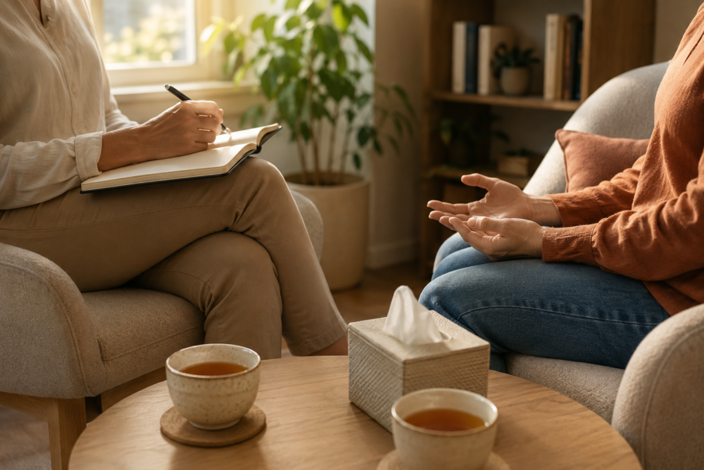 Therapist taking notes while speaking with a client in a comfortable counselling room with tea and tissues on the table.