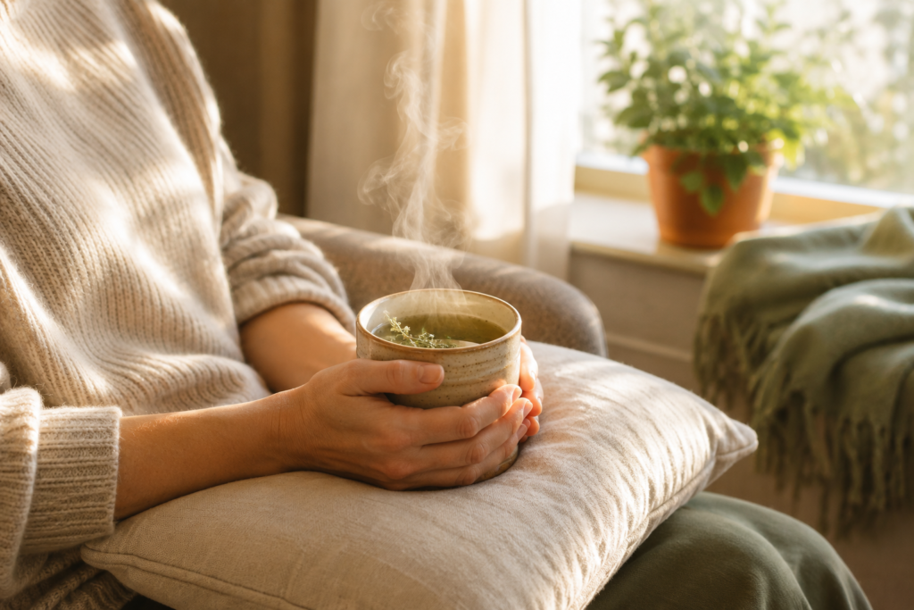 Relaxed Person Holding Warm Tea During Therapy