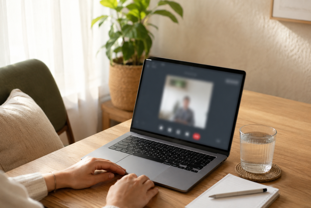 Person attending an online therapy session on a laptop in a warm, peaceful home environment.