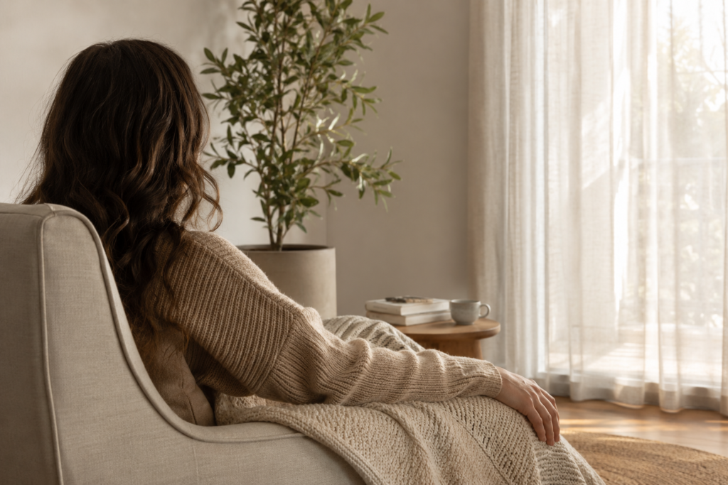 Woman relaxing in a cosy armchair by a bright window in a calm home setting.