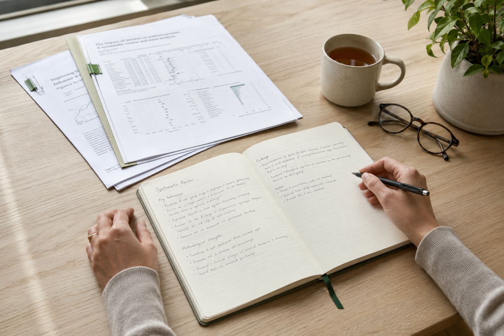 Person writing notes in a journal beside research papers, tea, glasses, and a plant on a wooden desk.