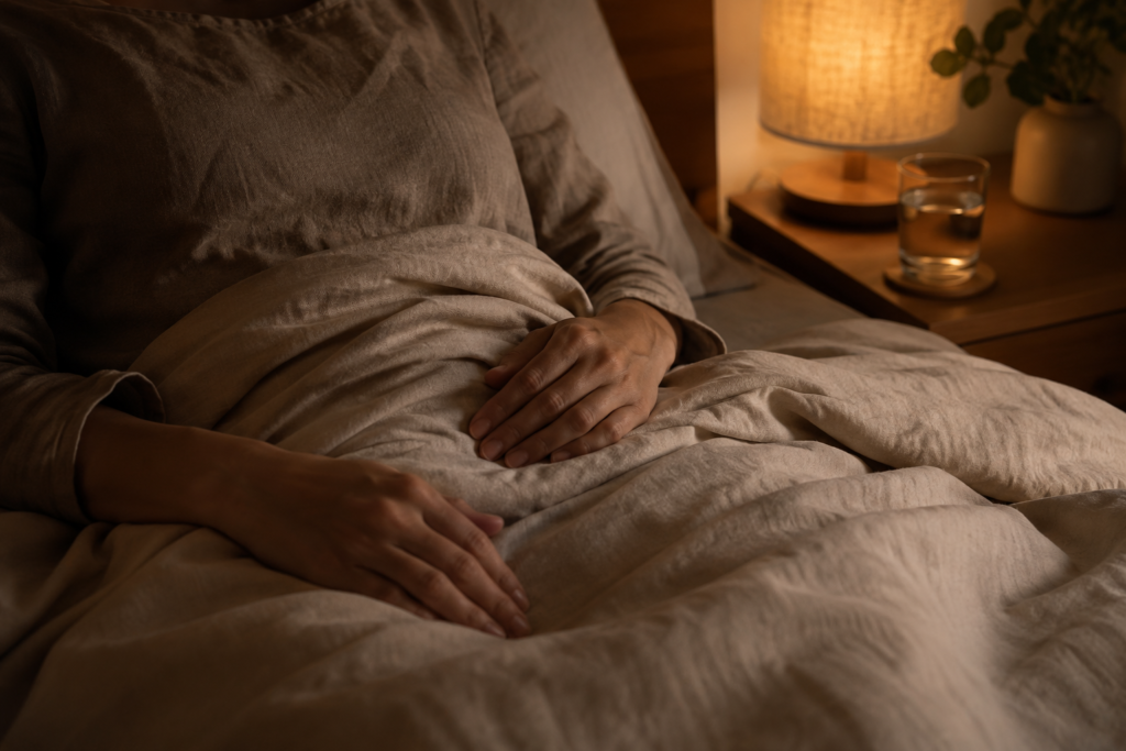 Person resting in bed with hands on their stomach in a warm, peaceful bedroom.