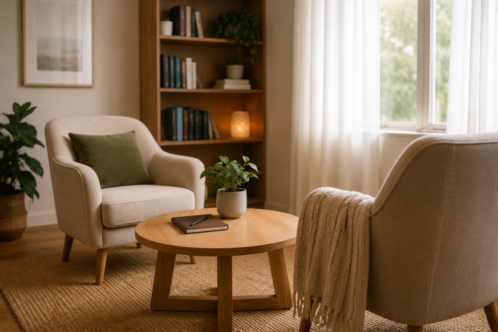 Calm therapy room with two armchairs, a wooden table, plants, and soft window light.