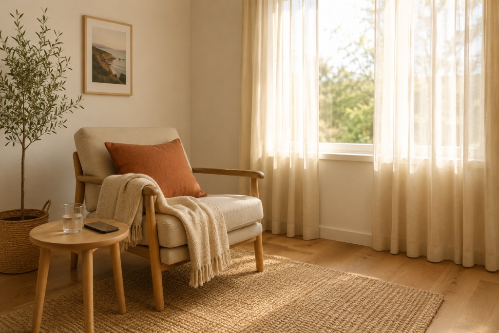 Empty cosy counselling room with armchair, blanket, plant, and warm natural light.