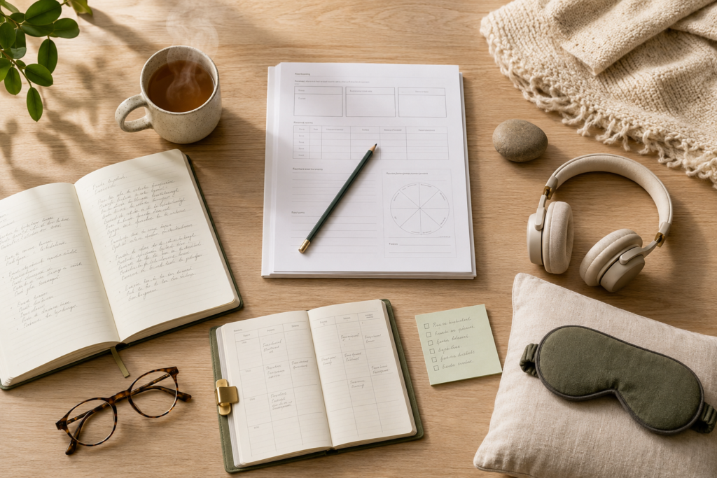 Hypnotherapy Preparation Desk With Journal and Headphones