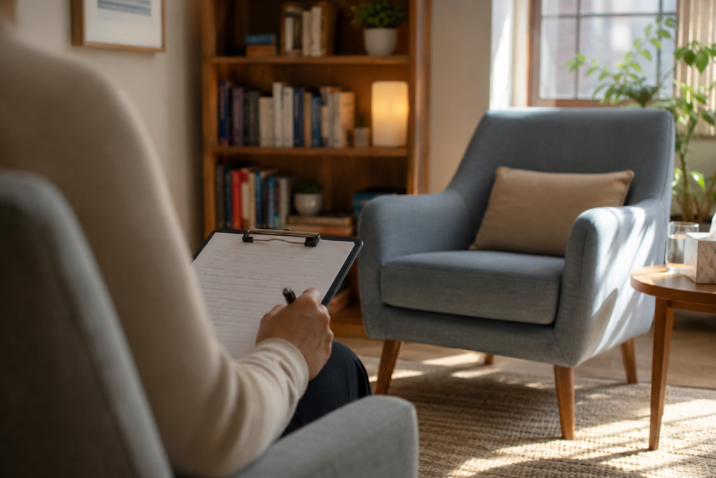 Therapy room with chair and clipboard
