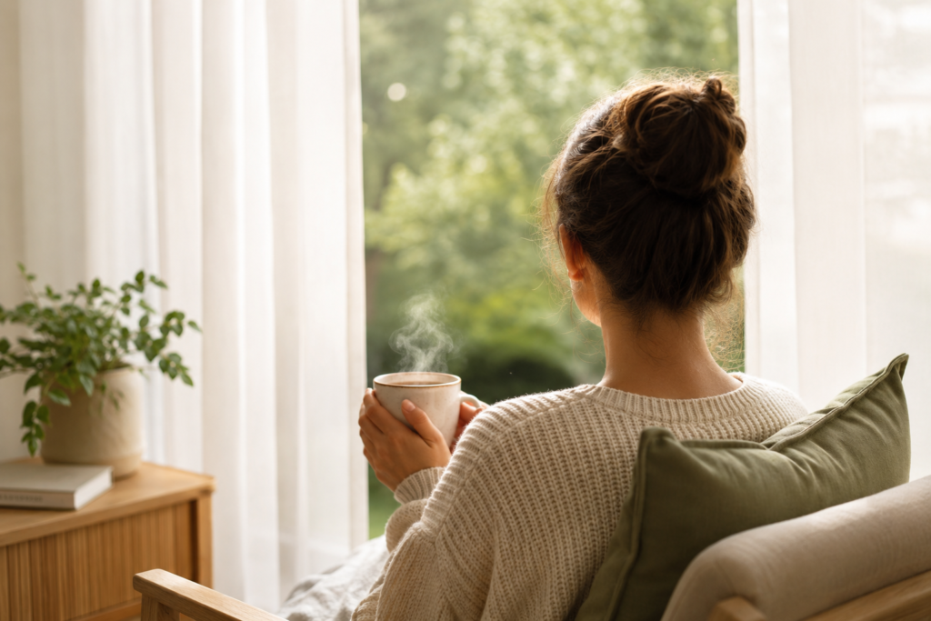 Woman holding tea by the window