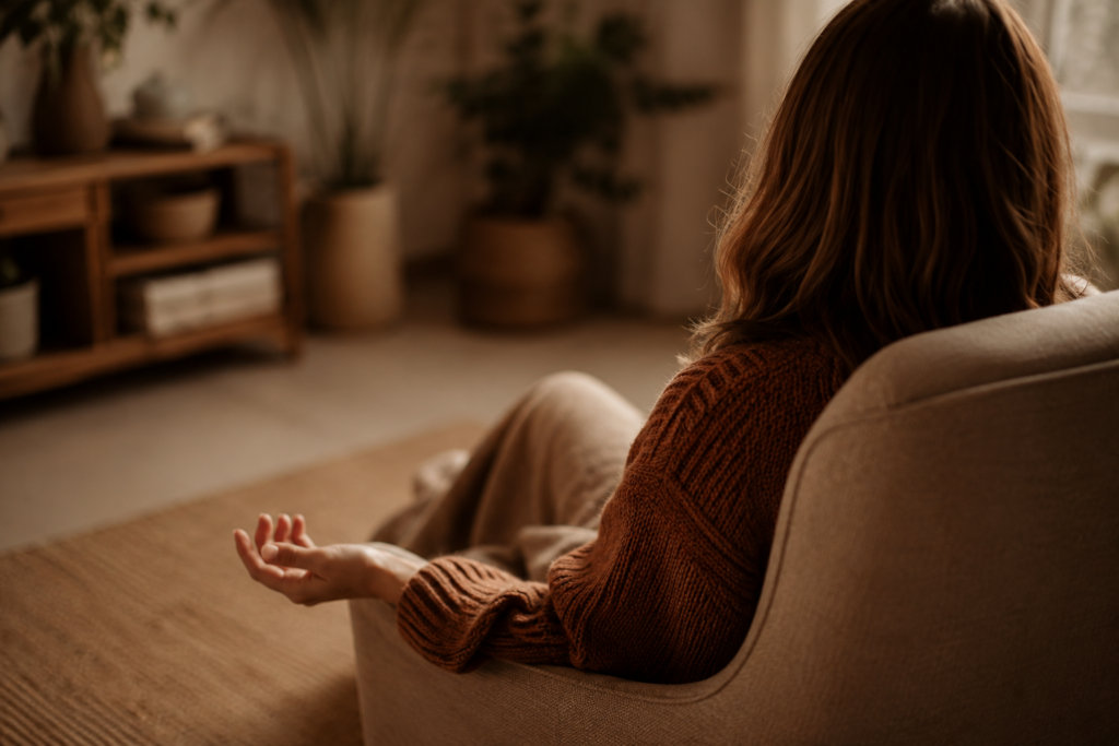 Woman sitting quietly in a warm therapy room with her hand relaxed, suggesting calm reflection and emotional support.