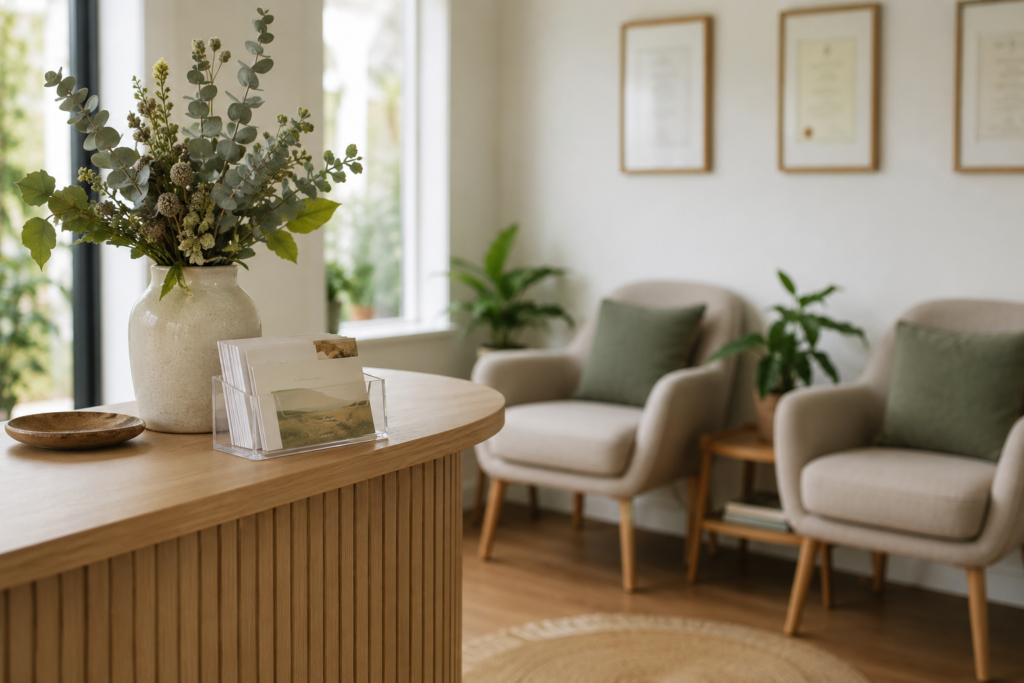 Bright wellness clinic waiting room with flowers, soft chairs, indoor plants, and framed certificates on the wall.
