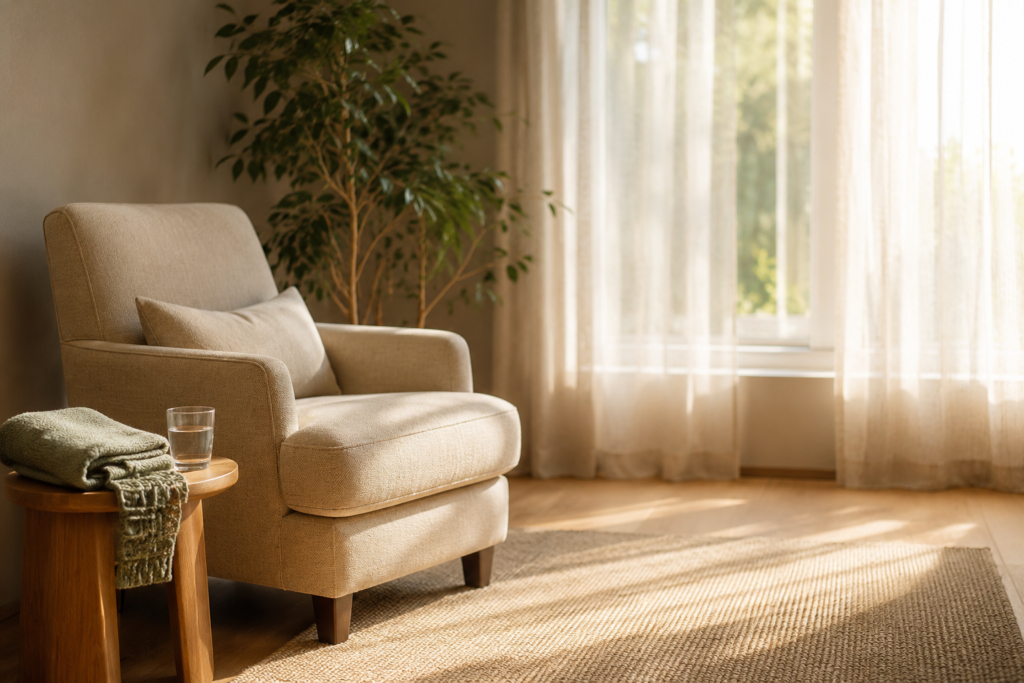 Sunlit therapy room with a comfortable beige armchair, side table, water glass, blanket, indoor plant, and sheer curtains.
