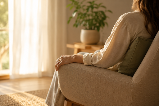 Woman sitting peacefully in a sunlit armchair in a calm therapy-style room.