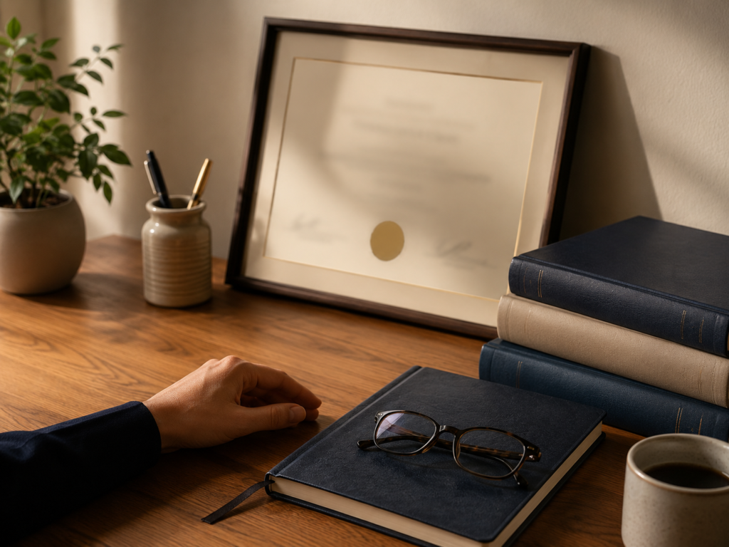 A warm professional desk with a blurred framed certificate, clinical books, notebook, reading glasses, and a hand resting nearby.