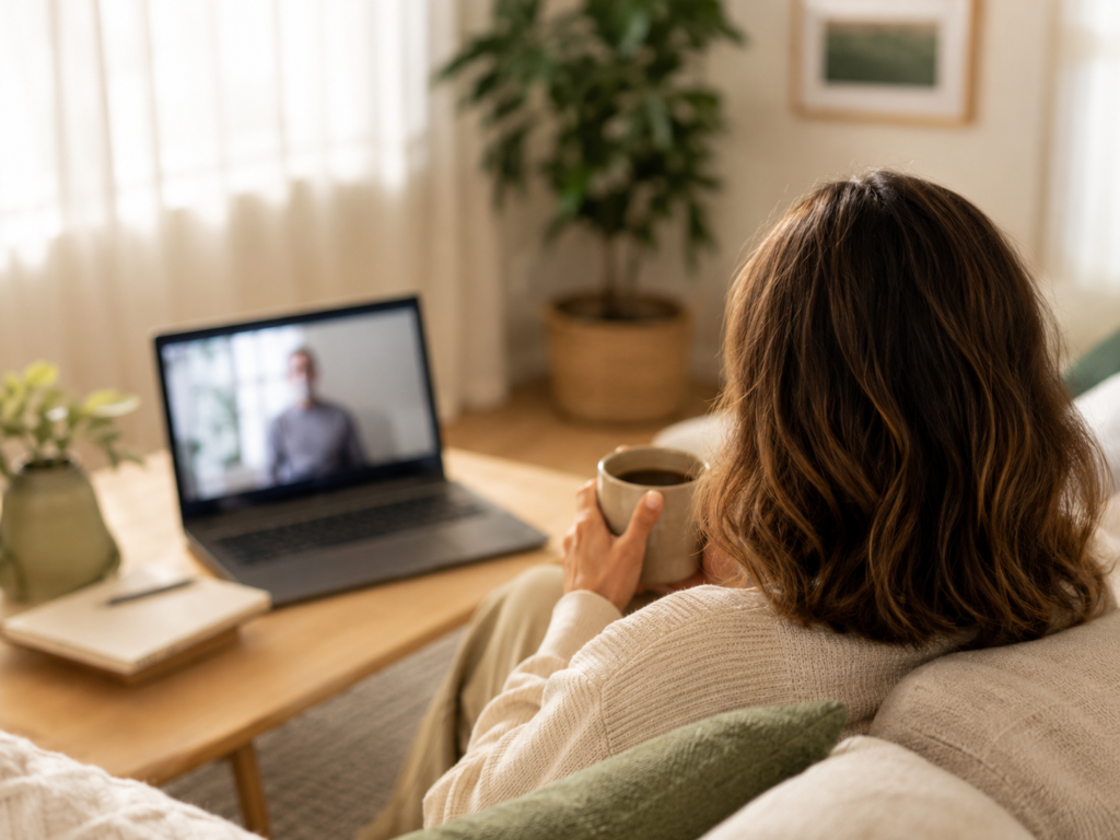 A person seated on a sofa holding a mug while attending a blurred online hypnotherapy session on a laptop in a bright living room.

