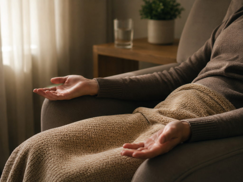 Close-up of relaxed hands resting open on a reclining chair, with a blanket over the lap and a glass of water in the background.