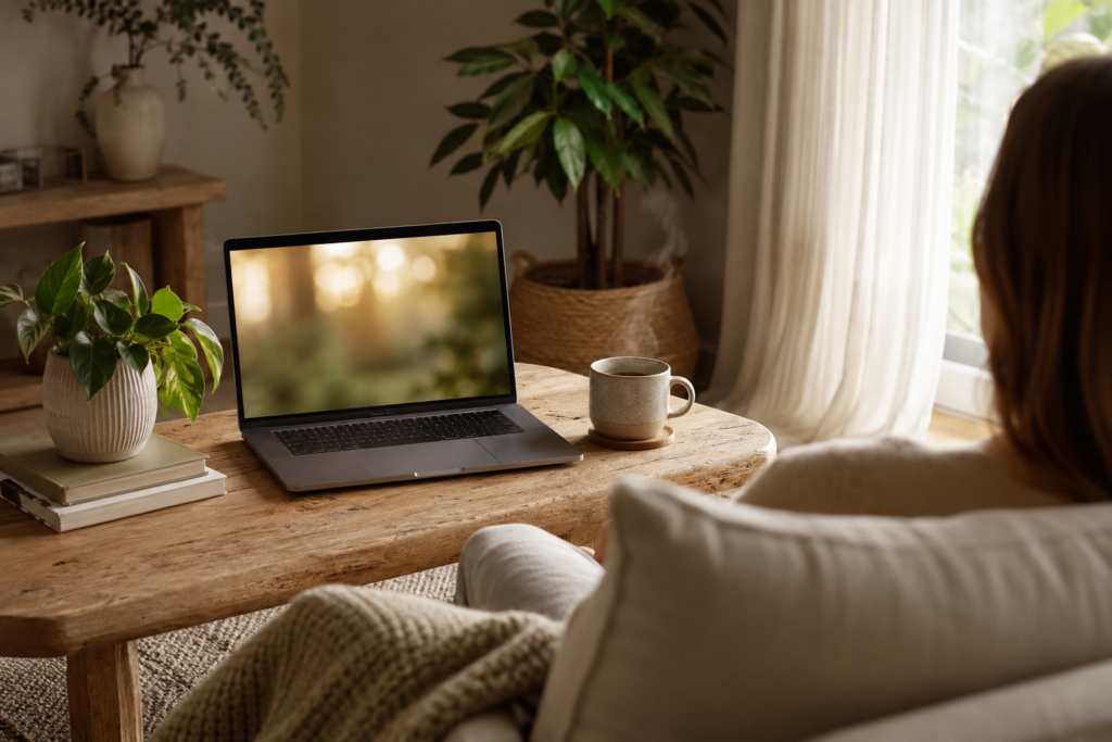 Laptop and cup of tea in a relaxing home consultation setting