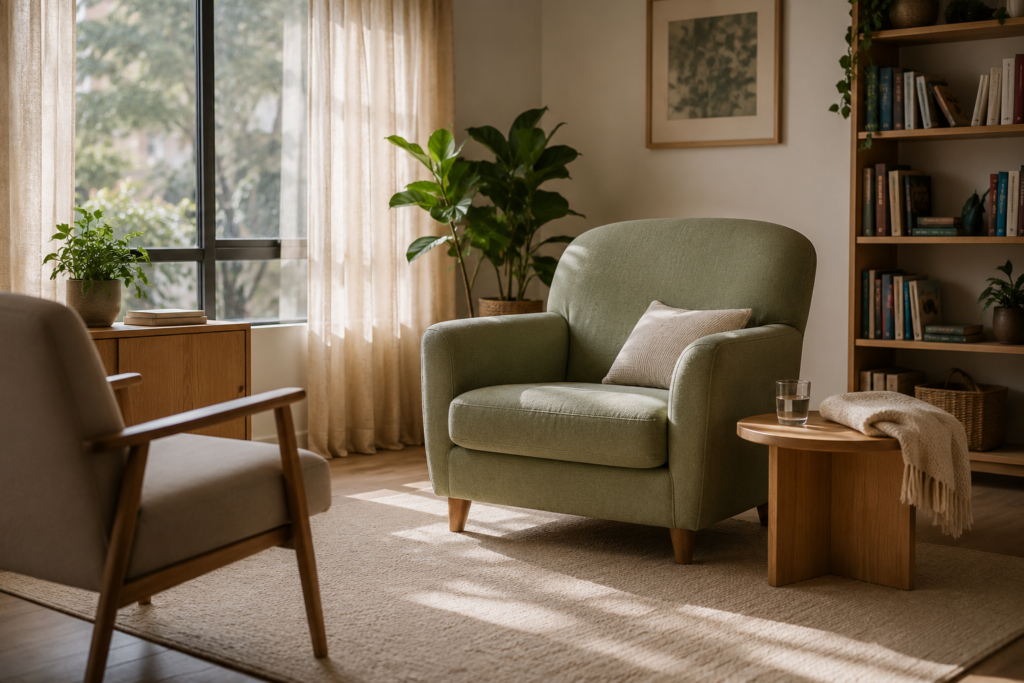 Comfortable armchair in a calm and welcoming hypnotherapy consultation room