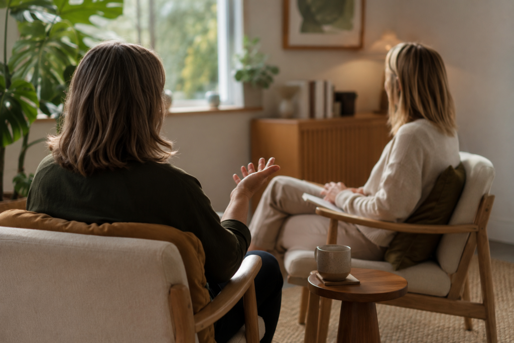 Two women having a calm conversation in a warm counselling room.