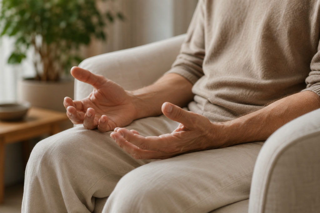 Person seated in an armchair gesturing with open hands during a conversation.