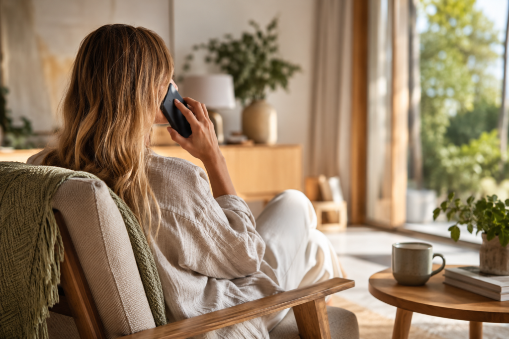 Woman relaxing at home while speaking on the phone near a bright window.