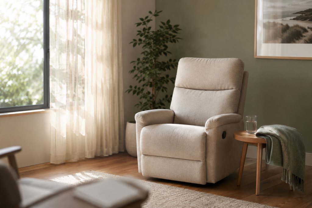 Comfortable therapy chair beside a sunlit window and indoor plant