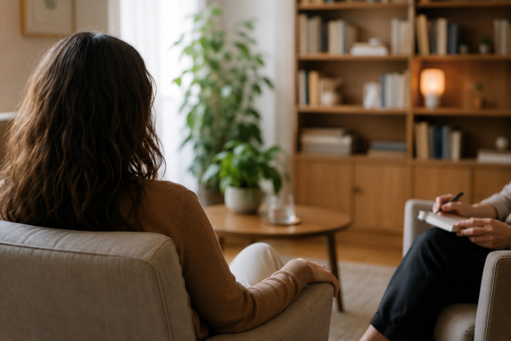 Woman seated in a peaceful counselling room with plants and bookshelves