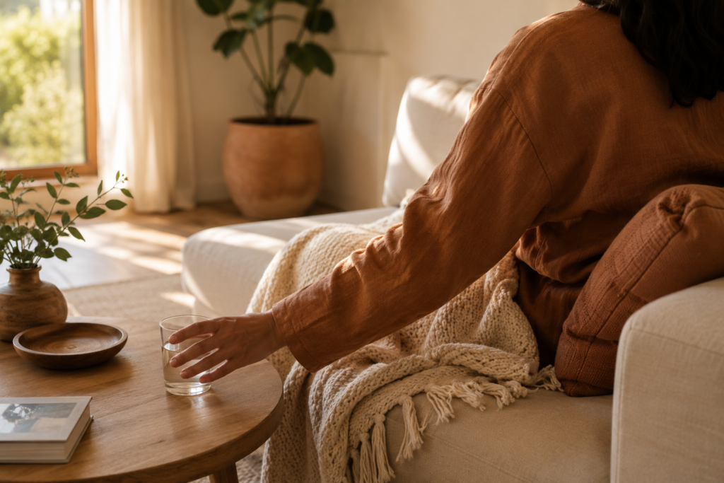 Person writing in a notebook during a calm therapy or coaching session