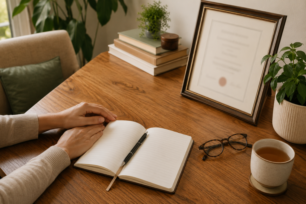Therapist taking notes at a desk beside books and a framed certificate