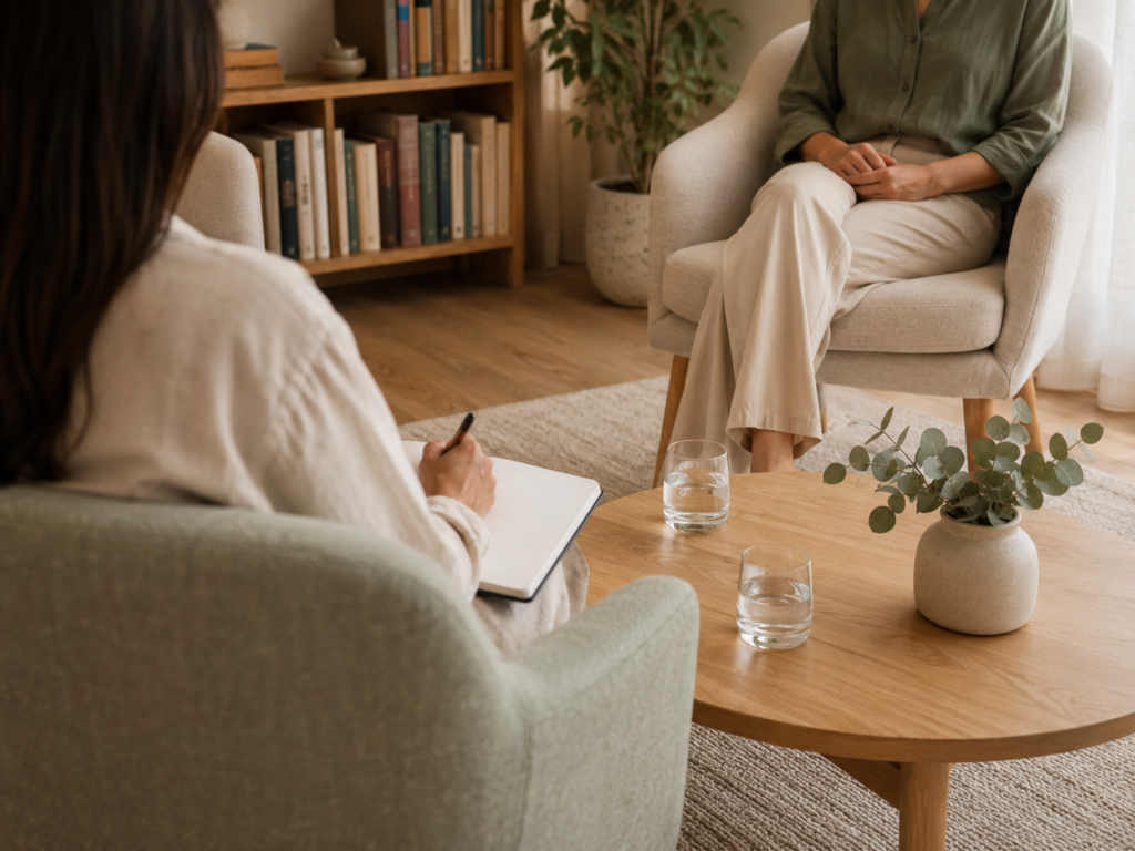 A calm hypnotherapy consultation with two people seated across a timber table, one taking notes and the other relaxed, with no faces visible.