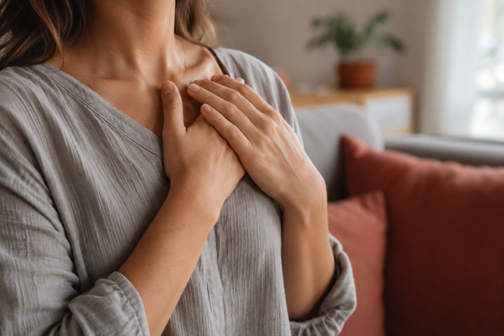 Close-up of a woman placing both hands on her chest while practising a calming breathing exercise