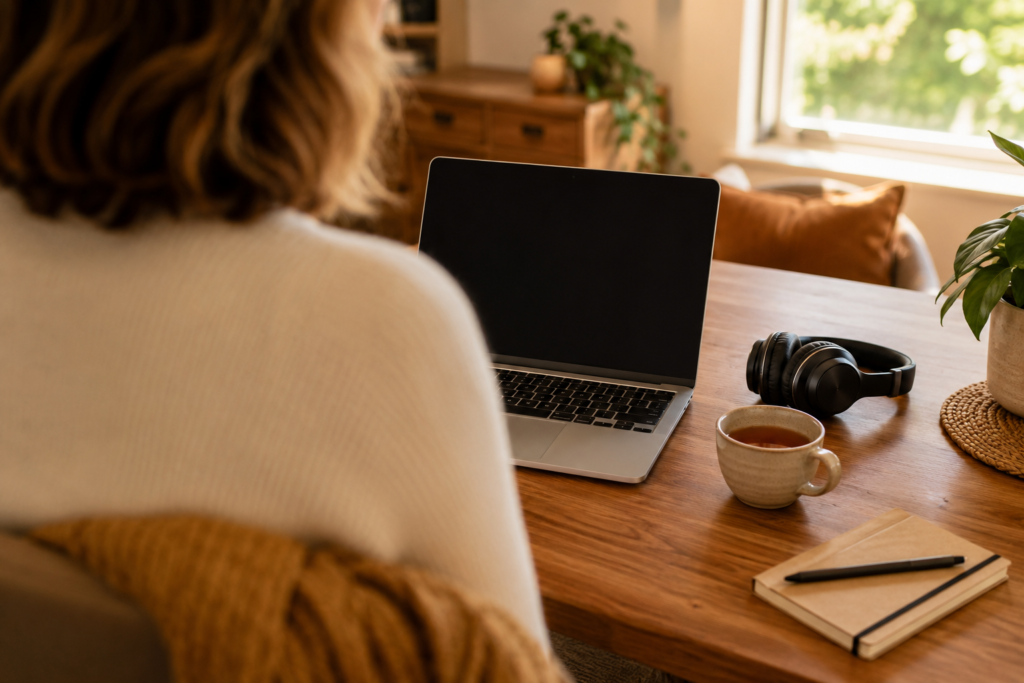 Woman preparing for an online hypnotherapy session with a laptop, headphones and notebook