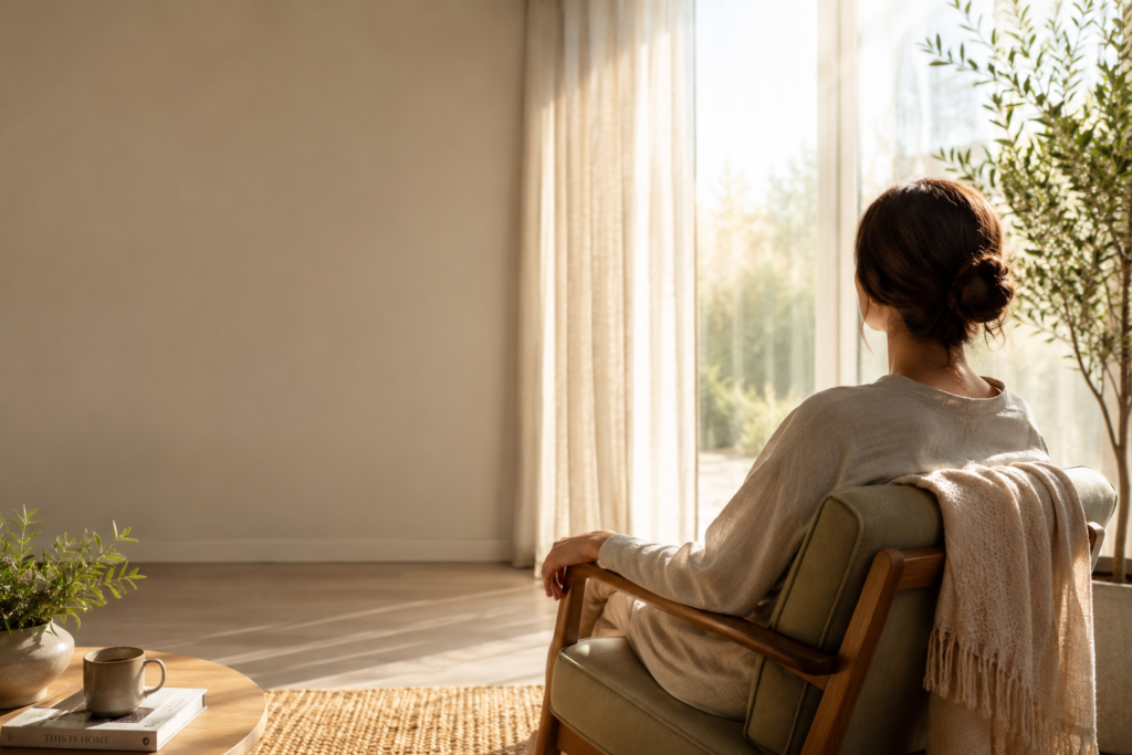 Woman seated in a comfortable chair by a sunlit window, reflecting quietly in a peaceful living room