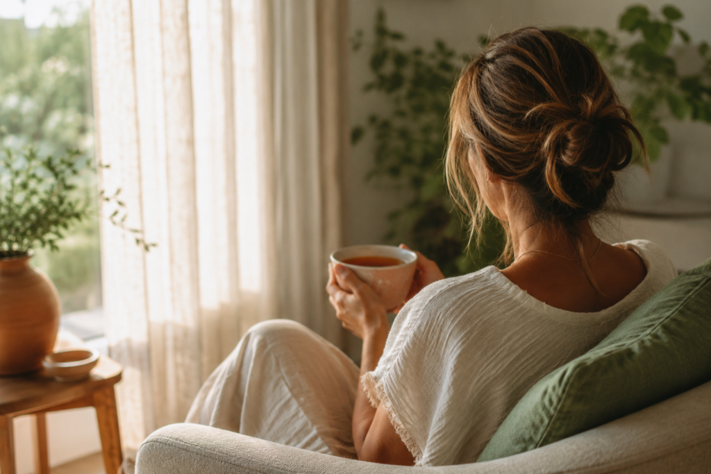 Woman relaxing with a warm drink by a sunlit window to support nervous system regulation