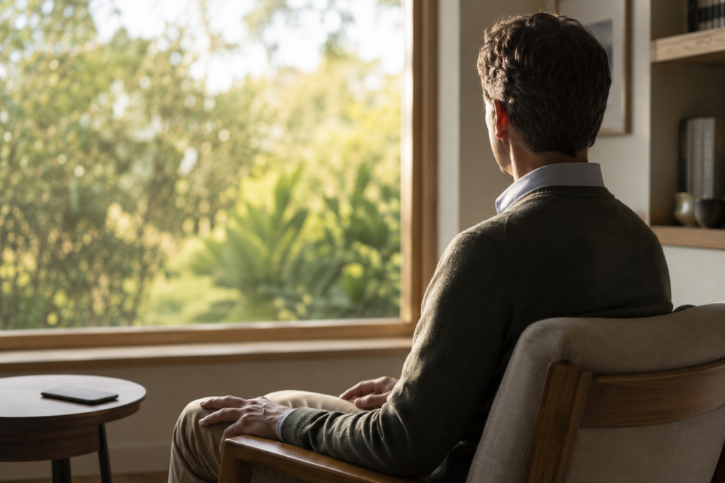 Man seated in a chair looking quietly out a large window