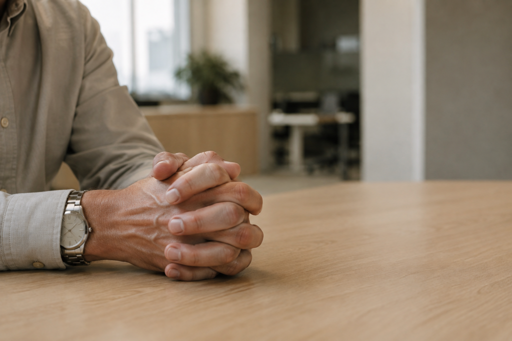 Close-up of a man with hands clasped while seated at a table