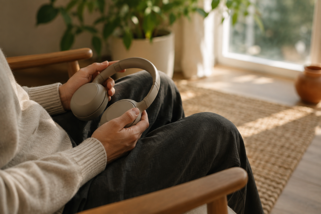Person holding headphones while relaxing in a bright room
