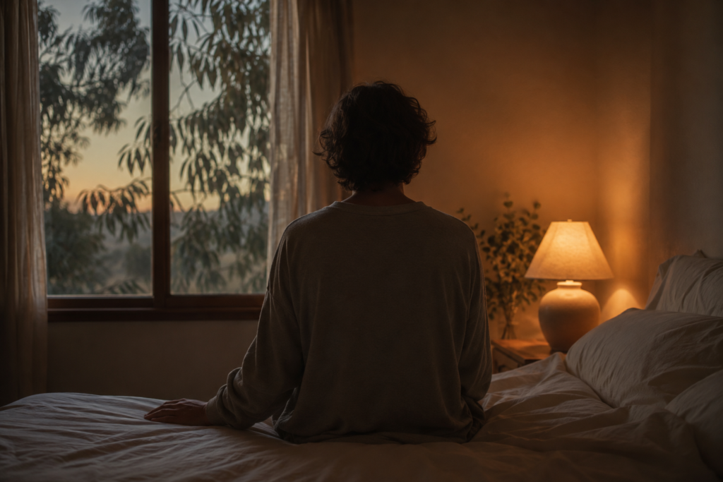 Person sitting quietly on a bed in a softly lit bedroom