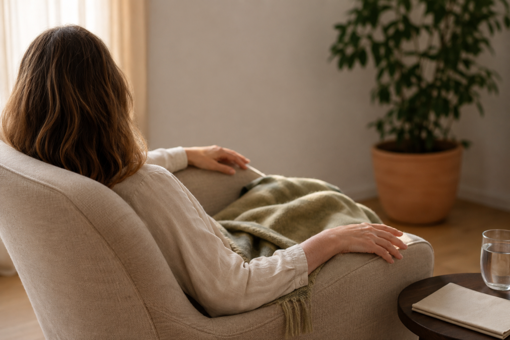 Woman relaxing in an armchair during a calm therapy session