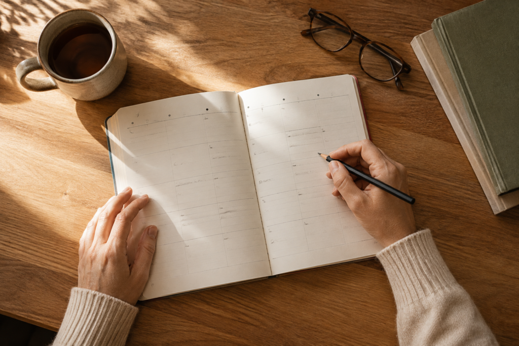 Person writing in a planner at a sunlit wooden desk