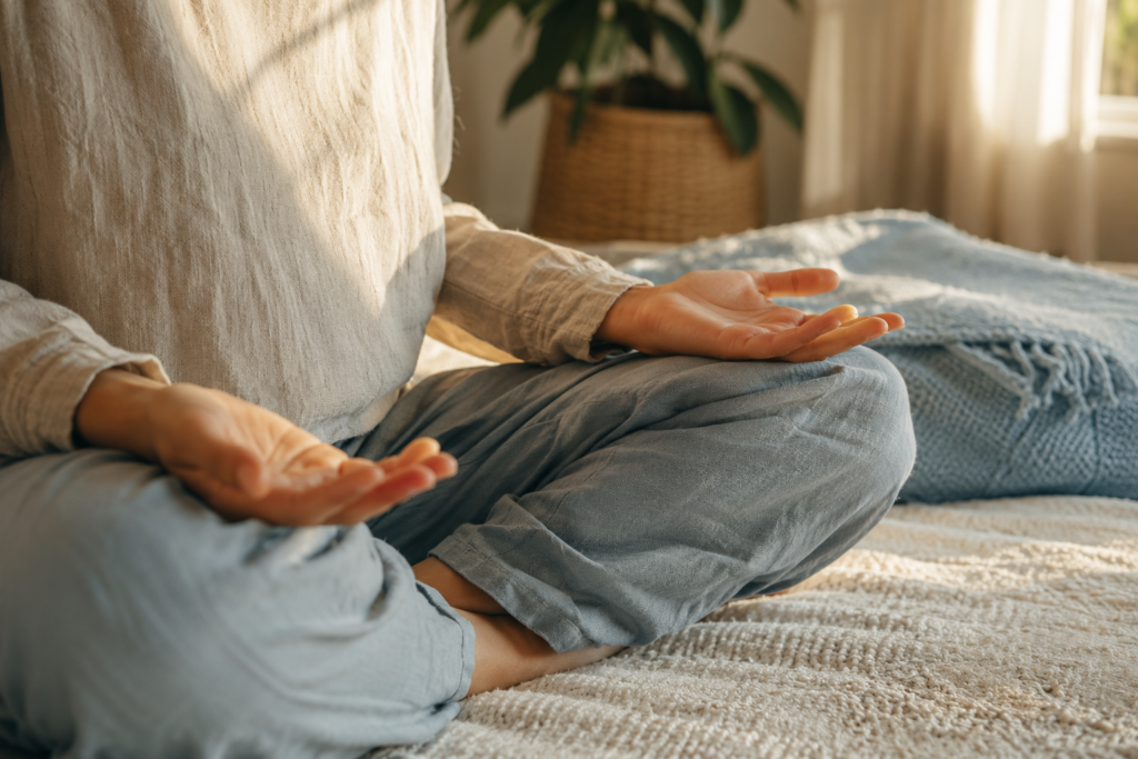 Woman sitting cross-legged with open palms while practising mindfulness and relaxation at home