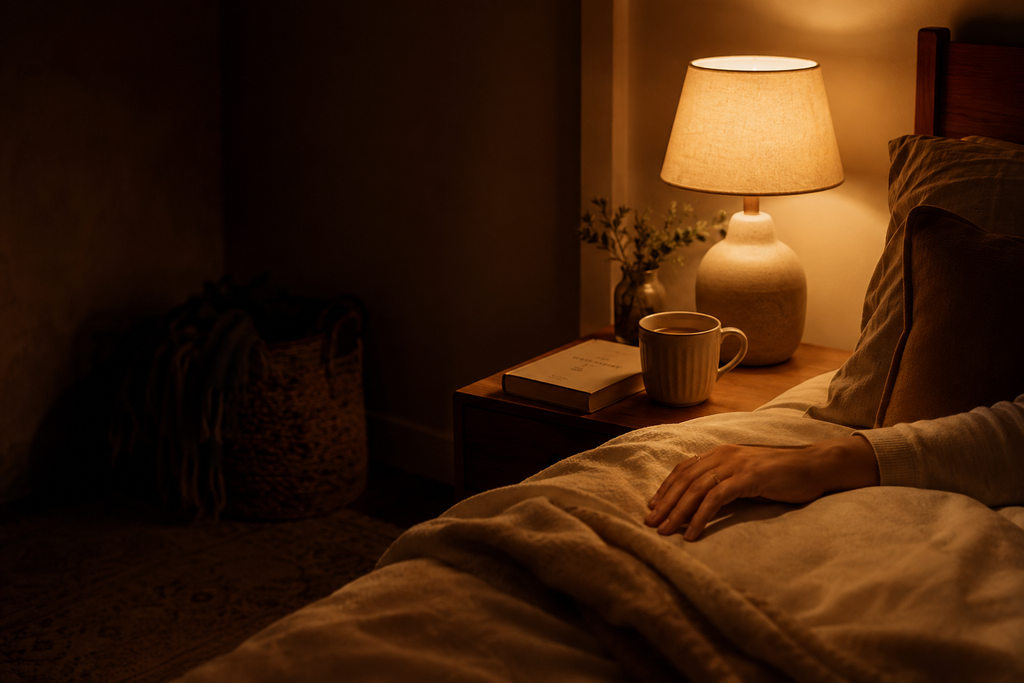 Woman resting in bed at night with warm lighting during a calming sleep routine